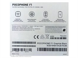 Zadn strana krabiky smartphonu Pocophone F1 mnoh prozrazuje