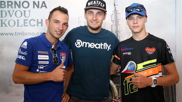 Tisková konference před brněnským závodem MotoGP. Na snímku čeští závodníci (zleva) Jakub Kornfeil, Karel Abraham a Filip Salač.