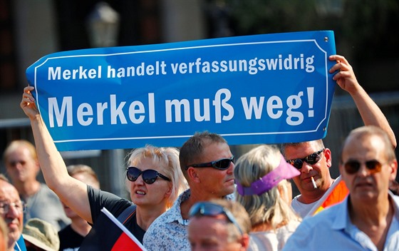 Merkelová jedná protiústavn, musí pry, hlásí transparent na demonstraci v...