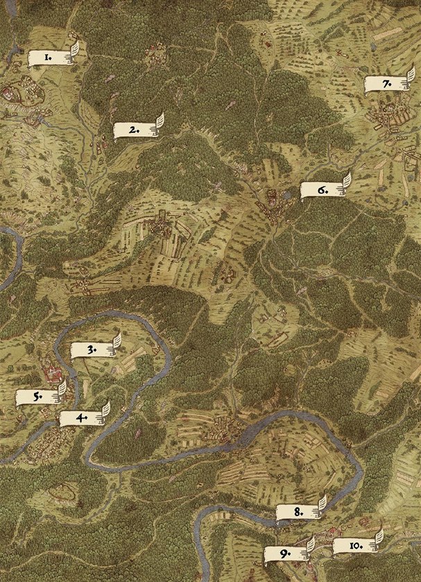 Herní mapa stedovké verze Posázaví se Sázavským kláterem vlevo a mstem...