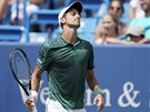 Srbský tenista Novak Djokovi lituje pokaeného úderu v semifinále turnaje v...