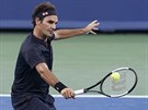 výcar Roger Federer hraje bekhendový volej v semifinále turnaje v Cincinnati.