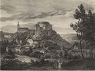 Historick veduta z potku 19. stolet zachycuje znm hrad Bouzov ped jeho...