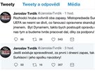 Tweety, kterými Jaroslav Tvrdík komentoval zápas své Slavie s Dynamem Kyjev.