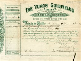 Podílový list spolenosti The Yukon Goldfields Limited na 35 akcií z roku 1900.