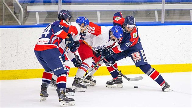 Momentka z utkn osmnctek esko (bl) vs. Slovensko.