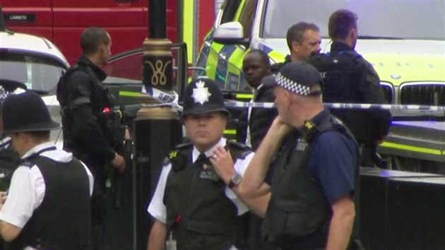 Policist zatkaj mue, kter v ter ped budovou britskho parlamentu najel do lid. (14. srpna 2018)