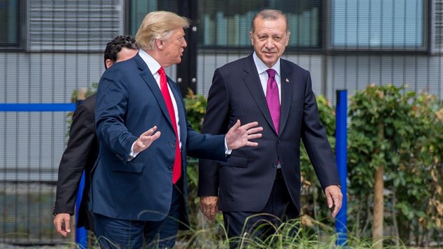 Tureck prezident Recep Tayyip Erdogan (vpravo) 
s americkm prezidentem Donaldem Trumpem na summitu NATO v Bruselu (11. ervence 2018)