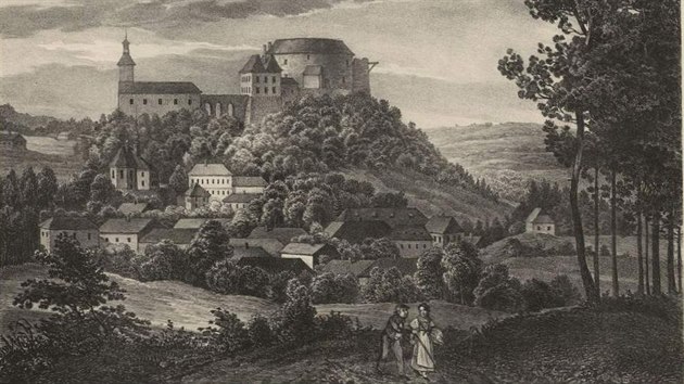 Historick veduta z potku 19. stolet zachycuje znm hrad Bouzov ped jeho romantickou pestavbou z pelomu 19. a 20. stolet do dnen podoby.