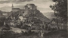 Historická veduta z poátku 19. století zachycuje známý hrad Bouzov ped jeho...