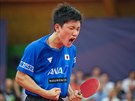 Vítzný pokik japonského stolního tenisty Tomokazu Harimota na turnaji Czech...