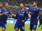 Eden Hazard (uprosted) slaví se spoluhrái z Chelsea gól proti Newcastlu.