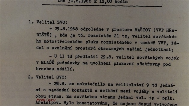 Hlen z konce srpna 1968 dosvduje snahu sovtskch velitel zabrat objekty SLA. Jedna ze zmnek naznauje jakm zpsobem se to dlo v posdce Milovice-Mlad.