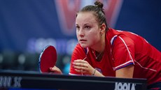Stolní tenistka Karin Adámková se soustedí na píjem v kvalifikaci Czech Open.