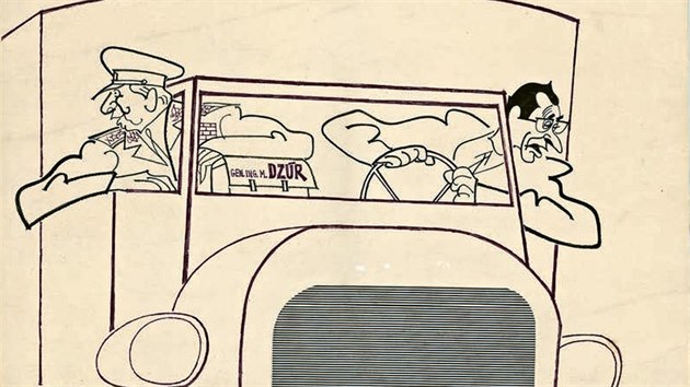 Miroslav Lik, karikatury Alexandra Dubeka a Martina Dzra, 1968, kresba tu, kol,
410  500 mm, Muzeum Novojinska, p. o.  Muzeum ve Frentt p. R. (z knihy Karikaturisti)