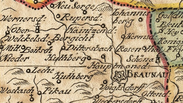 Johann Christoph Schreiber, vez z mapy Kladska, st Broumovska, Atlas Selectus, kolem roku 1745