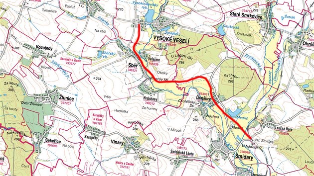 Trasa bývalé trati Smidary - Vysoké Veselí zakreslená do současné mapy.