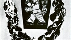 Miroslav Lik, kol se vejkem ve sttnm znaku SSR, fotografie nedochovanho originlu, Muzeum Novojinska, p. o.  Muzeum ve Frentt p. R. (z knihy Karikaturisti)