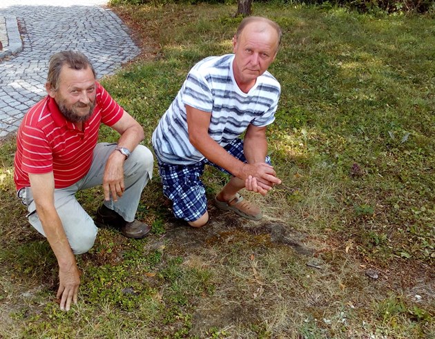 Zdenk Hlava (vlevo) a Miroslav Balatka kleí u paezu, který zstal po smrku...