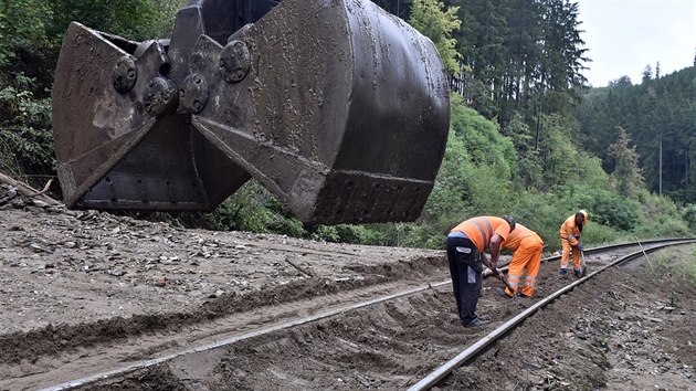 Pracovníci Správy železniční dopravní cesty pracovali na odstranění následků sesuvu půdy celý den.