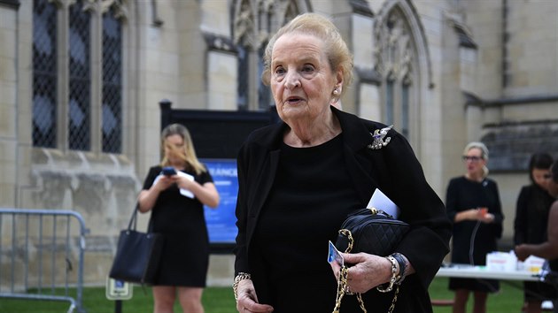 Former Secretary of State Madeleine Albright arrives for a memorial service for Sen. John McCain, R-Ariz., at the Washington National Cathedral in Washington, Saturday, Sept. 1, 2018. (AP Photo/Manuel Balce Ceneta)