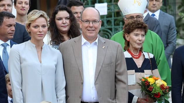 Monacká kněžna Charlene, monacký kníže Albert II. a jejich děti, dvojčata princ Jacques a princezna Gabriella (Monako, 31. srpna 2018)