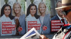Plakáty védské sociální demokracie v ulicích Stockholmu (6. bezna 2018)
