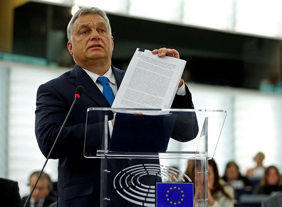 Maarský premiér Viktor Orbán ped europoslanci (trasburk, 11.9.2018)