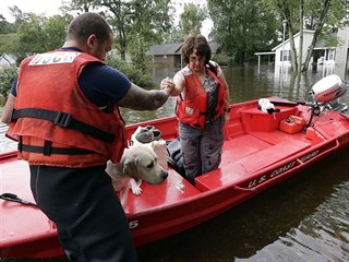 Evakuace ženy se psem během záplav vyvolaných hurikánem Florence (16. září 2018)