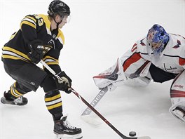 Danton Heinen z Bostonu (vlevo) pekonv eskho branke Vtka Vaneka v...