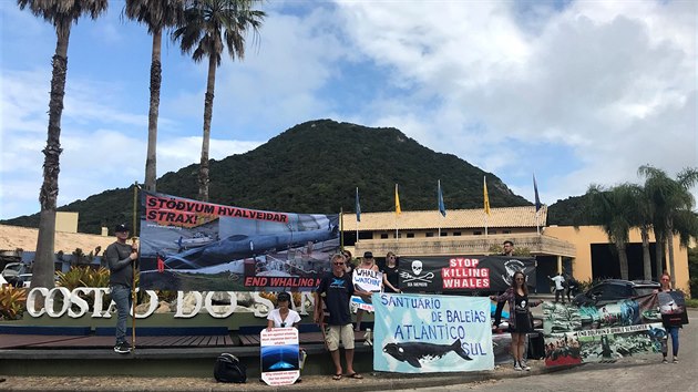 Aktivist na ochranu zvat protestuj v prbhu konference Mezinrodn velrybsk komise v brazilskm Florianpolisu. (10. z 2018)