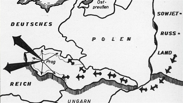 Tato mapka pro změnu názorně vysvětluje čtenářům, jakým způsobem budou z Československa útočit na Německo sovětská letadla. (převzato z knihy Über den Böhmerwald ins Sudetenland)