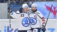 Vojtch Nmec (vlevo) se v Plzni uvedl skvle  hned po dvou minutách zápasu s...