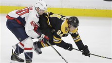 eský hokejista ve slubách Bostonu Jakub Lauko (vpravo) padá na led v...