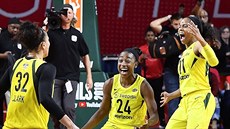 Basketbalistky Seattlu se radují z výhry nad Washingtonem a zisku titulu v WNBA.