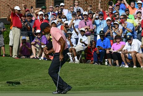 Tiger Woods js po eaglu na osmnct jamce v prvnm kole turnaje Tour...