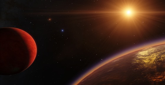 Pohled na oranžovou hvězdu Eridani 40 A z oběžné dráhy hypotetické planety...