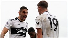 Fotbalisté Fulhamu oslavují vstelený gól. Trefil se Aleksandar Mitrovic...