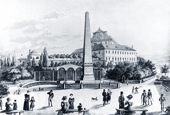 Obelisk v brnnských Denisových sadech na grafice z roku 1820