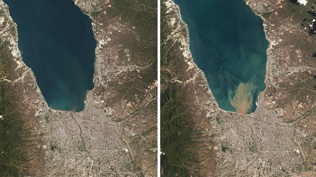 Satelitn snmky indonskho msta Palu 22. z (vlevo) a po zemtesen 1. jna 2018 (vpravo)