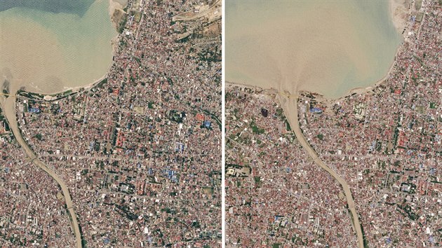Satelitn snmky indonskho msta Palu 22. z (vlevo) a po zemtesen 1. jna 2018 (vpravo)