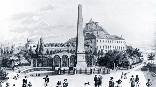 Obelisk v brnnskch Denisovch sadech na grafice z roku 1820