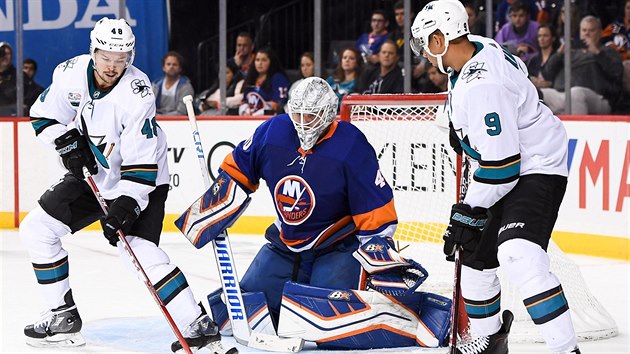 Tom Hertl (vlevo) ze San Jose v anci ped brankem Robinem Lehnerem z New York Islanders.