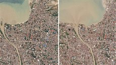 Satelitní snímky indonéského msta Palu 22. záí (vlevo) a po zemtesení 1....