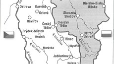 Rozdlení Tínska na eské (svtlá ást) a polské území v roce 1920 i v...