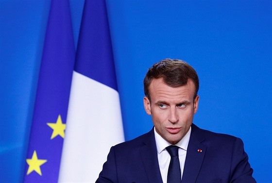 Francouzský prezident Emmanuel Macron holds na tiskové konferenci na summitu EU...