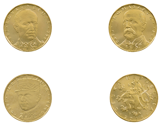 Mince hodnoty 20 K, které NB vydá ke 100. výroí eskoslovenského státu.