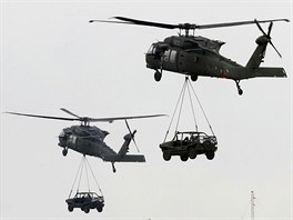 VOJENSKÉ MANÉVRY. Dva víceúelové vrtulníky UH-60 Black Hawk transportují...