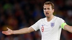 Anglický úto�ník Harry Kane gestikuluje b�hem duelu se �pan�lskem.