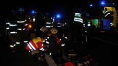 Motorká i chodec zahynuli pi stetu na silnici I/33 u Trotiny (10.10.2018).